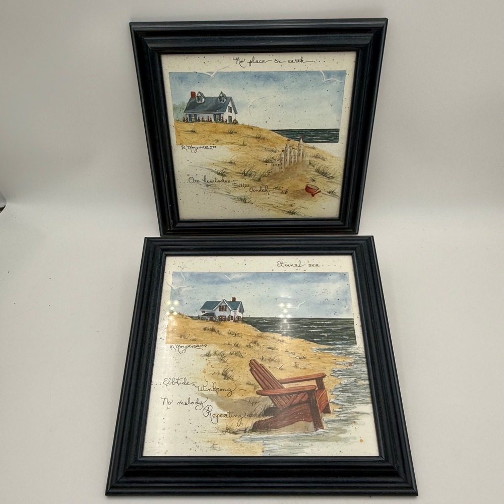 D. Morgan 1998 Framed Beach Prints Set of 2 Coastal Cottage Adirondack Chair Art